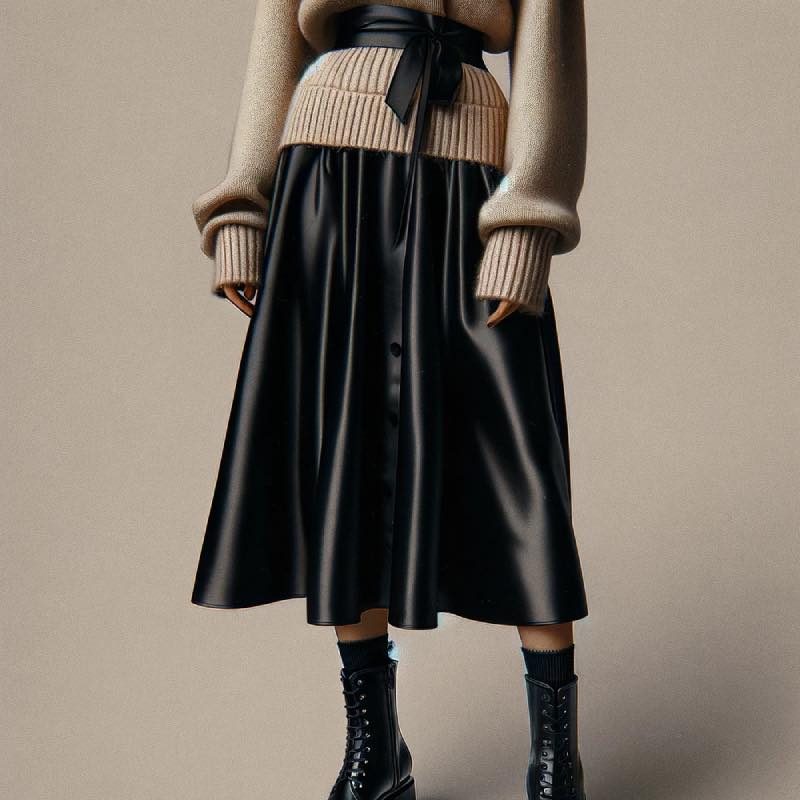 Black satin dress with sweather and boots